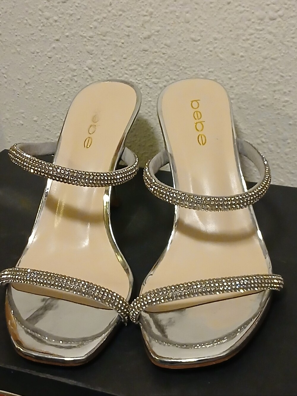 ​Bebe Camilah Silver Rhinestone Stiletto Sandals Size 8